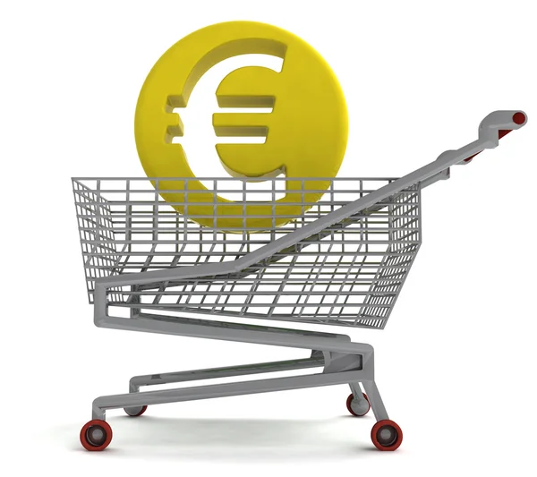 Moeda de euro no carrinho de compras em branco — Fotografia de Stock