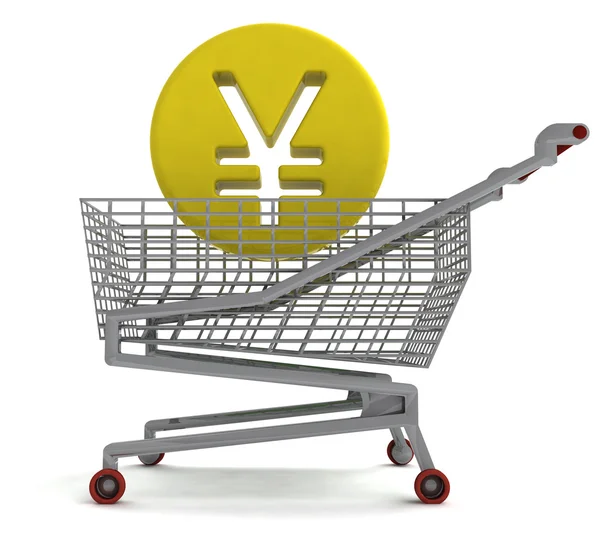 Yuan eller yen mynt i shoping vagn på vit — Stockfoto