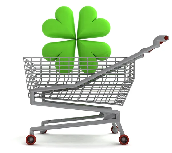 Carrinho de compras com folha de trevo verde no branco — Fotografia de Stock