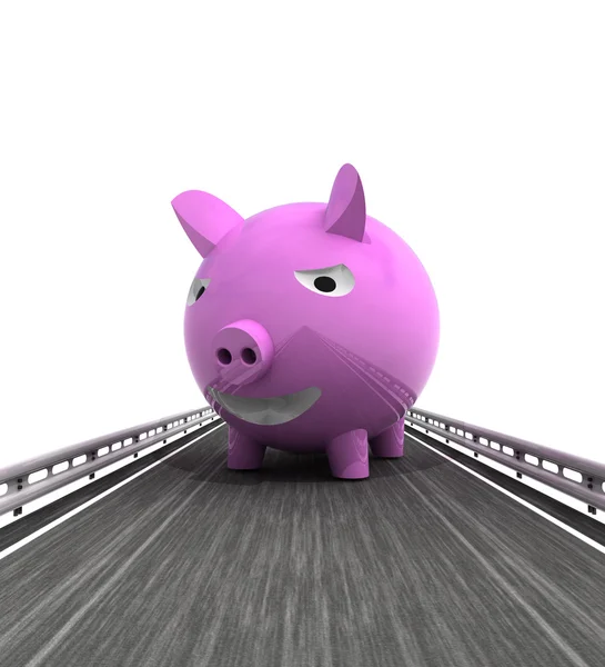 Isolated highway with pink pig — Stock Photo, Image