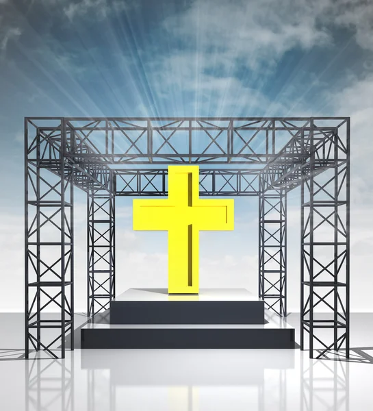 Show stage with golden cross and sky flare — Stock Photo, Image