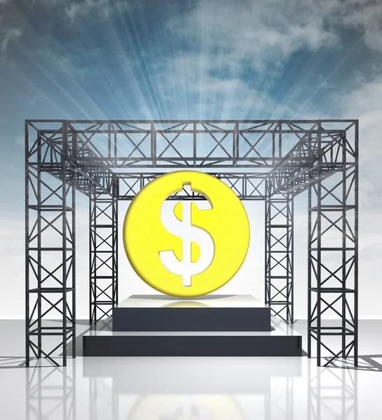Show stage with dollar coin and sky flare — Stock Photo, Image