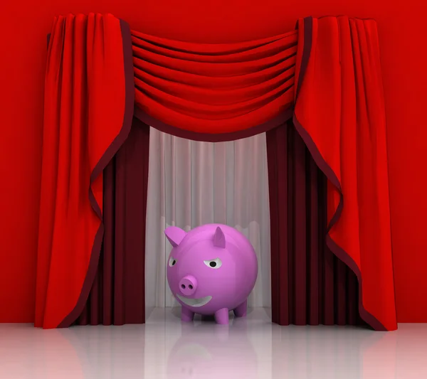 Red curtain scene with pink pig — Stock Photo, Image