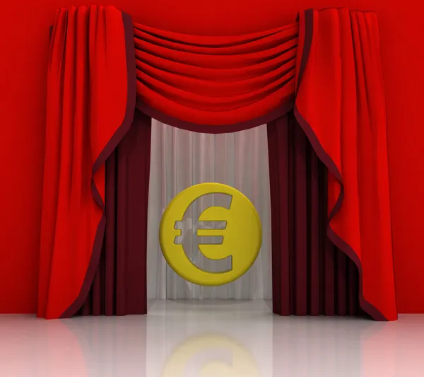 Escena de cortina roja con moneda de euro — Foto de Stock