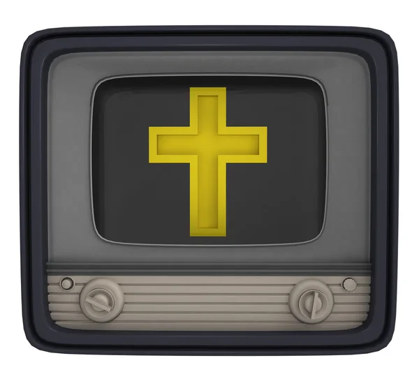 Isolated golden cross in retro television — Stock Photo, Image