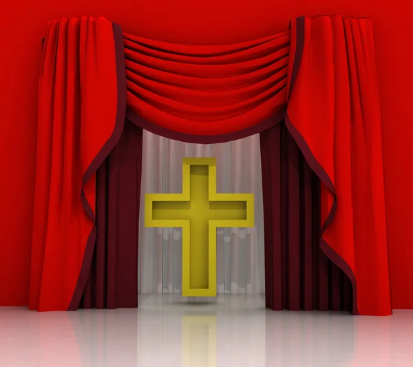 Red curtain scene with golden cross — Stock Photo, Image