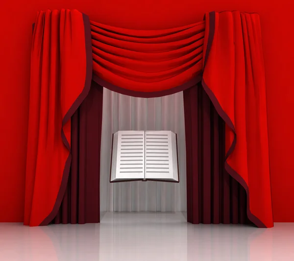 Red curtain scene with education book — Stockfoto