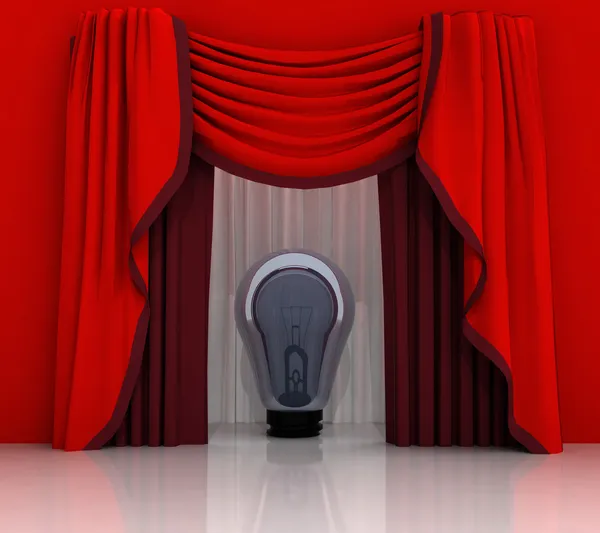 Red curtain scene with shiny bulb — Stock Photo, Image