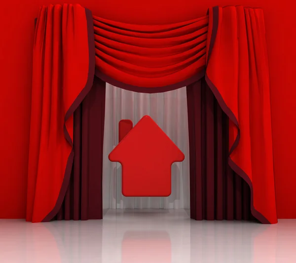 Escena de cortina roja con casa roja — Foto de Stock