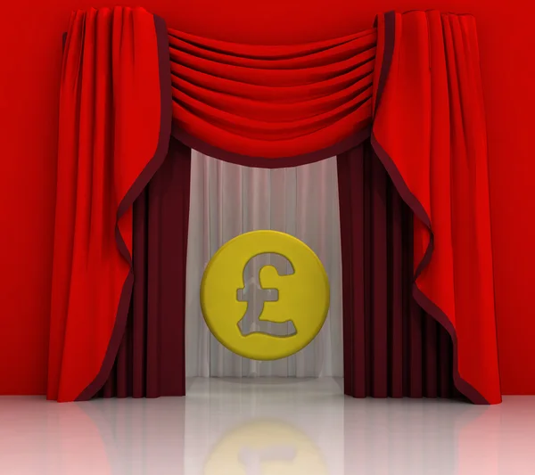 İngiliz Lirası para ile kırmızı perde sahne — Stok fotoğraf