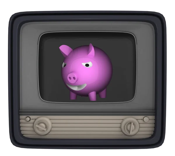 レトロなテレビで分離されたピンクのブタ — ストック写真
