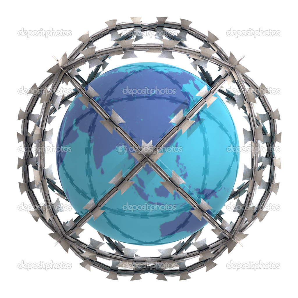 isolated asia on globe in barbed wire sphere