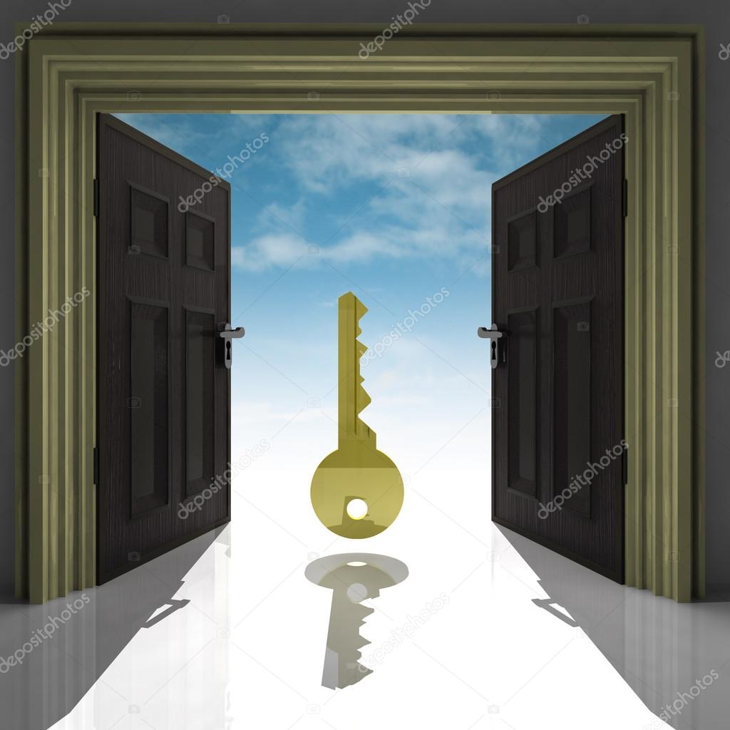 metallic key in golden framed doorway with sky