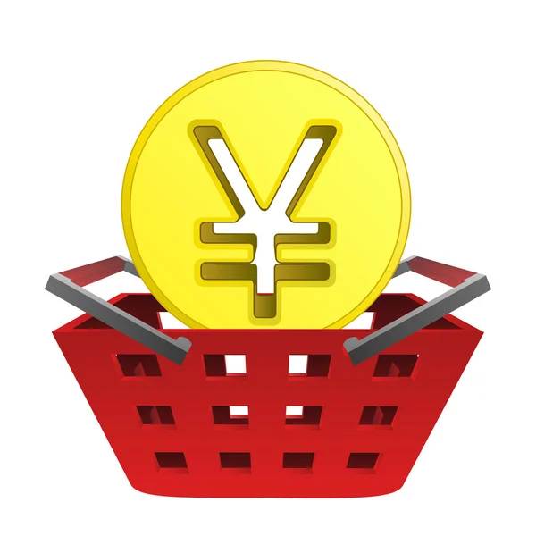 Yuan dourado ou moeda de iene no vetor vermelho da cesta — Vetor de Stock