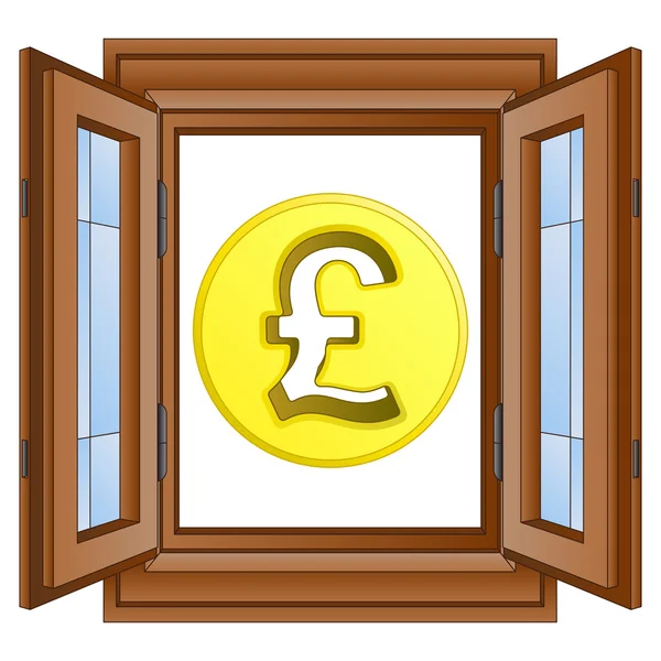 Golden british pound coin in window frame vector — Stock Vector