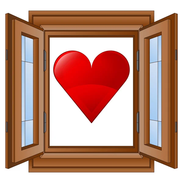 Cuore d'amore rosso in finestra vettore cornice boscosa — Vettoriale Stock