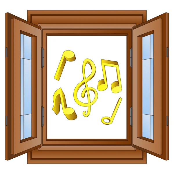 Sonidos de música en ventana marco arbolado vector — Vector de stock
