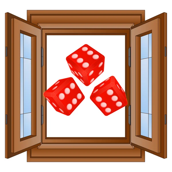 Rolling three dice in window wooded frame vector — Stock Vector