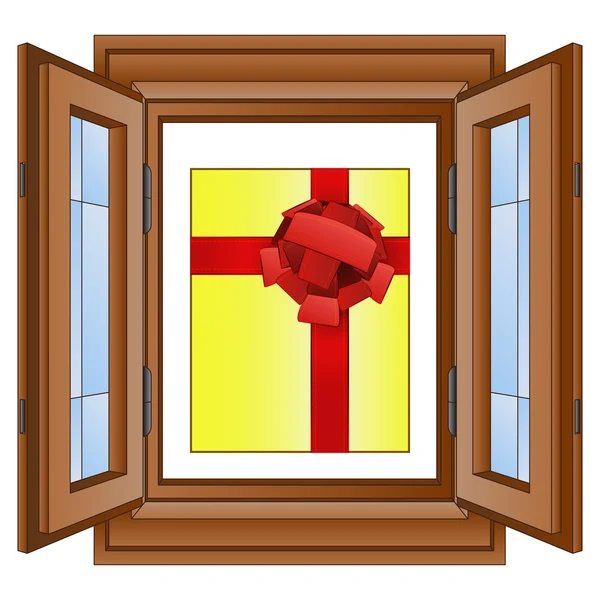 Gift box in window wooded frame vector — Stock Vector