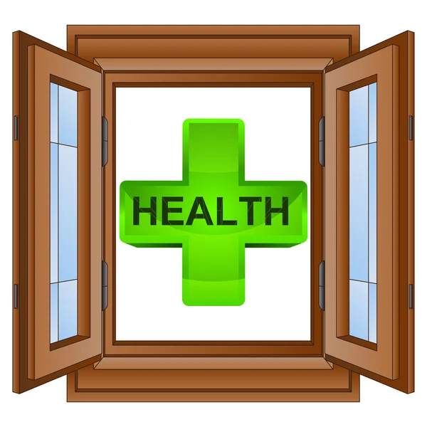 Zdrowie zielony krzyż w oknie zalesione rama wektor — Wektor stockowy