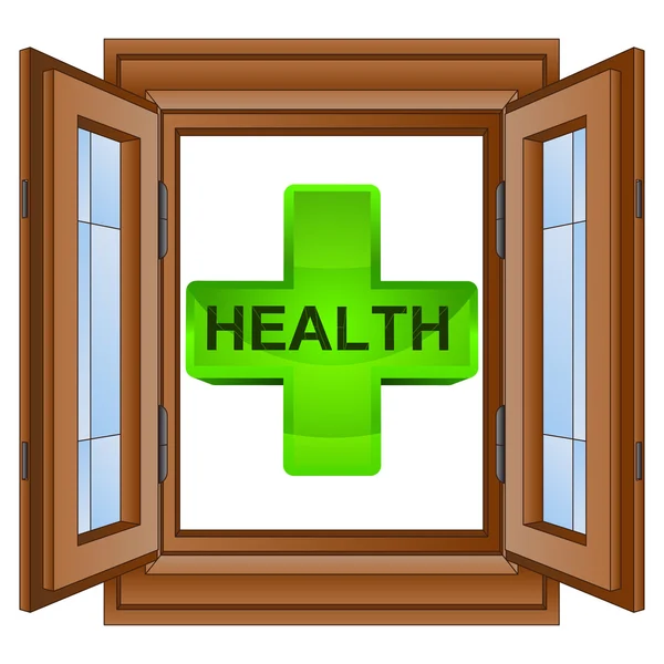 Groen de gezondheid kruis in venster beboste frame vector — Stockvector