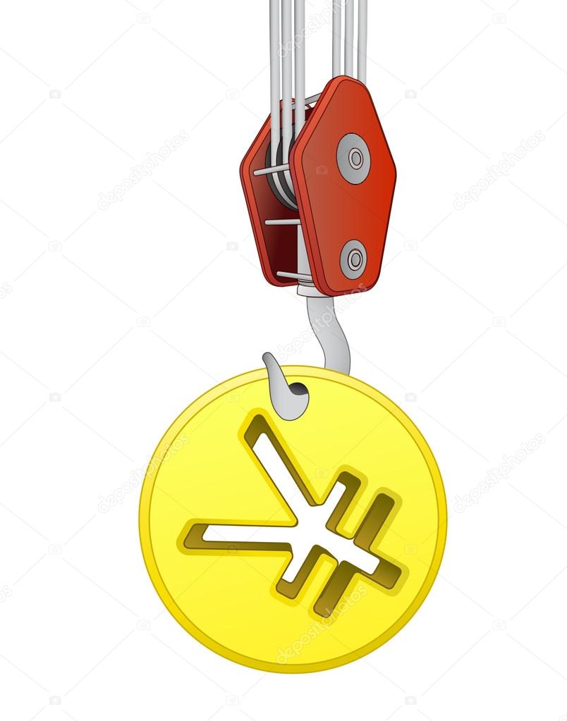 crane hook lifting golden yuan or yen coin vector
