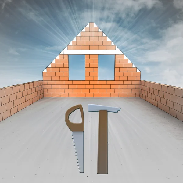 Zolder huis in aanbouw met tools — Stockfoto