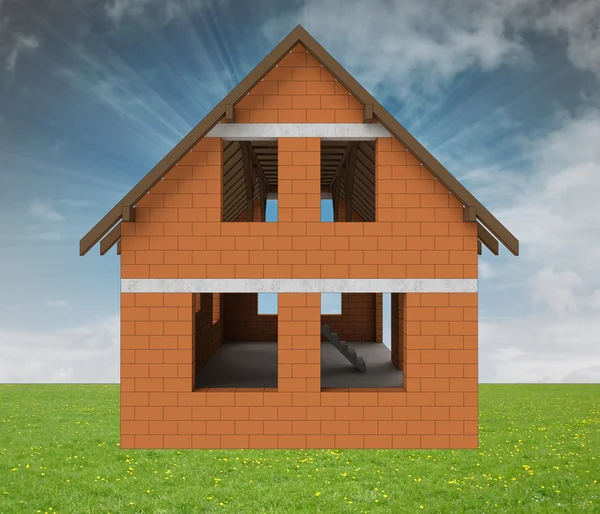 Bricked house in grass with sky flare — Stock Photo, Image