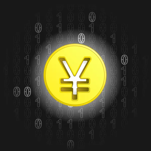 Yuan oder Yen-Münze auf Binarcode-Hintergrundvektor — Stockvektor