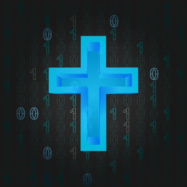 Blaues religiöses Kreuz im binären Code-Hintergrundvektor — Stockvektor