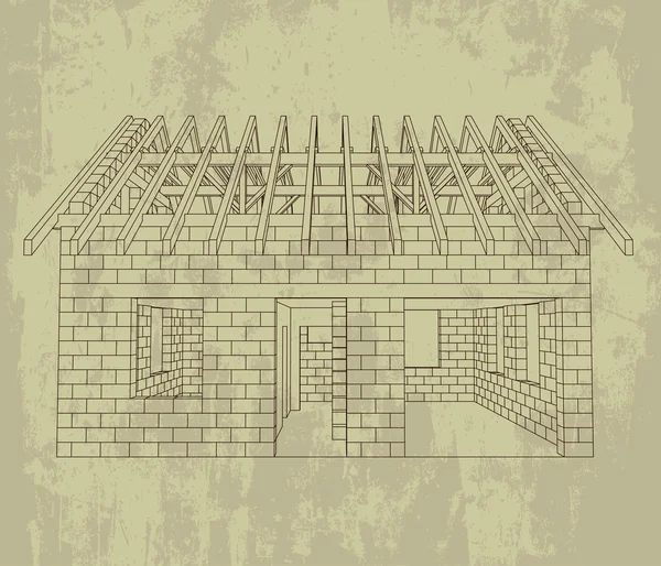 Voorste huis lijn bouw grunge vector tekening — Stockvector