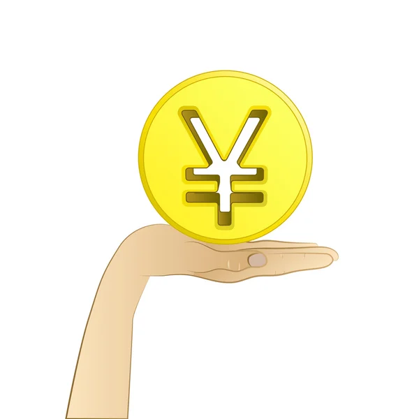 Golden yen or yuan coin on human palm vector — Wektor stockowy