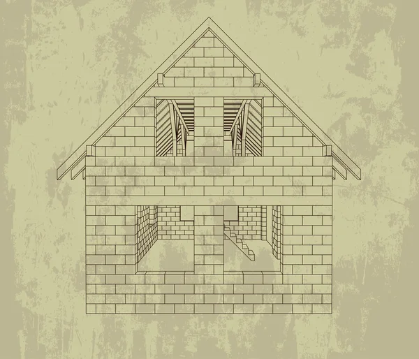 Gable casa construção linha grunge desenho vetor — Vetor de Stock