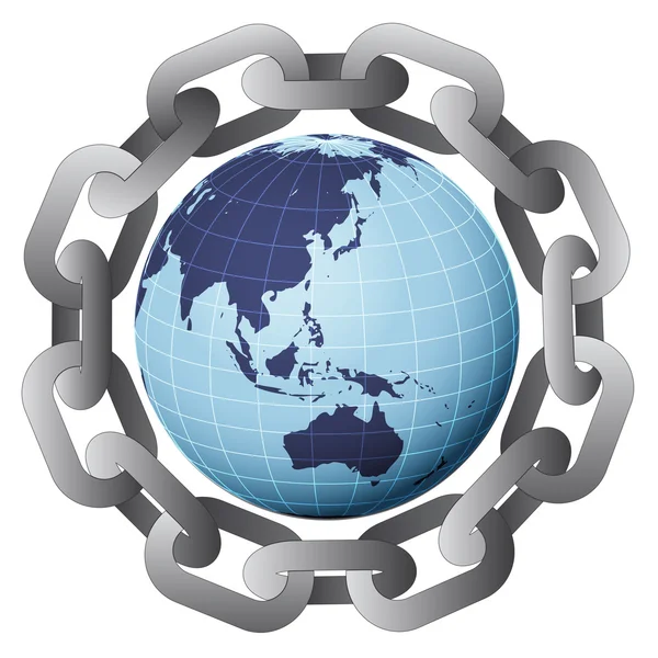 Azië earth globe in sterke stalen cirkel chain vector — Stockvector