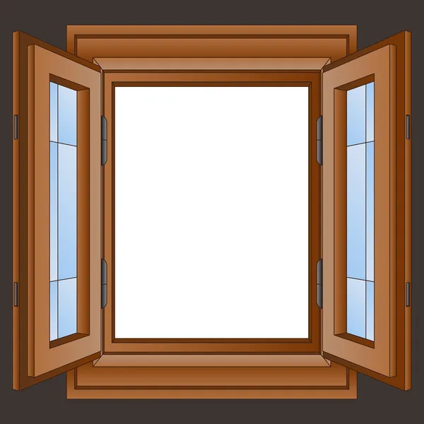 Marco de ventana de madera abierta en el vector de pared — Vector de stock