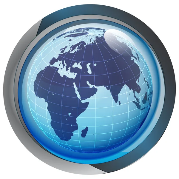 Aislado botón círculo azul con África en vector globo — Vector de stock