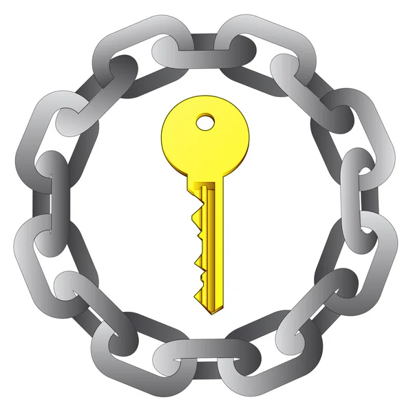 Złoty klucz w silne stali koło łańcucha wektor — Wektor stockowy