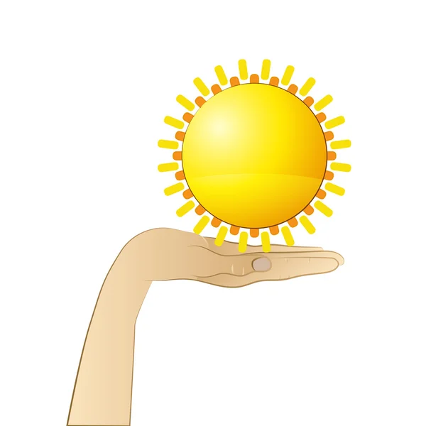 Palm van de hand houden van glanzende zon vector — Stockvector