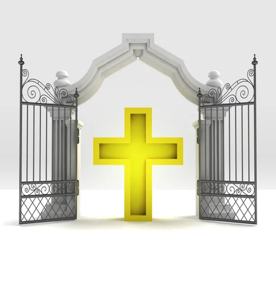 Divine golden cross in heavenly gate — Stock Photo, Image