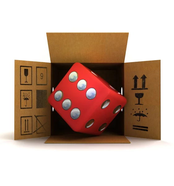 Lucky red dice in package delivery — Stock Photo, Image