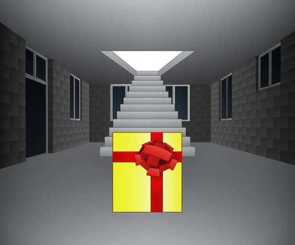 Hauseinrichtung mit Geschenk vor dem Treppenvektor — Stockvektor