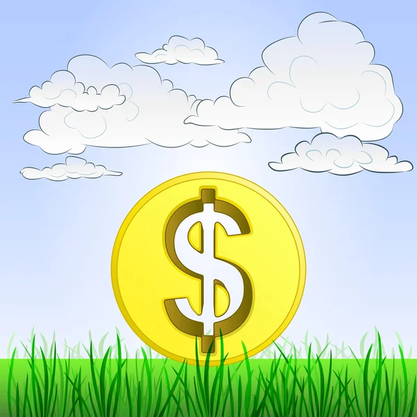 Grassy landscape with dollar coin and sky vector — Stock Vector