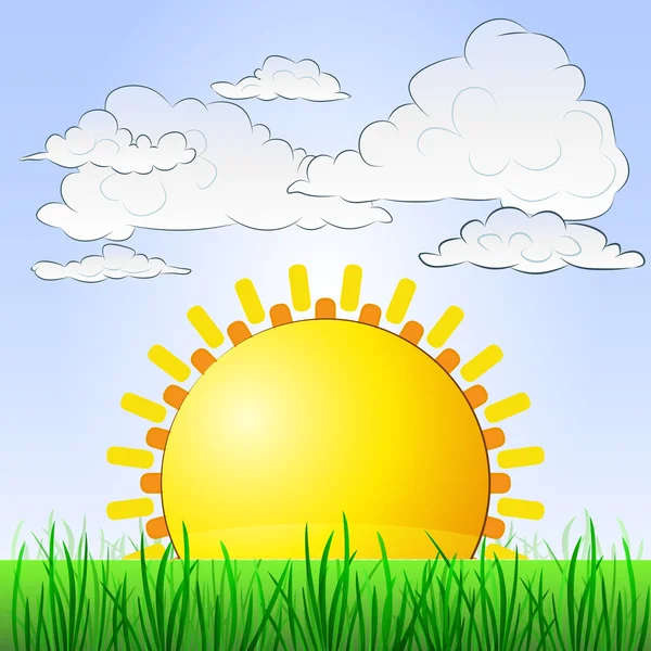 Paisagem gramada com sol nascente e vetor céu nublado — Vetor de Stock