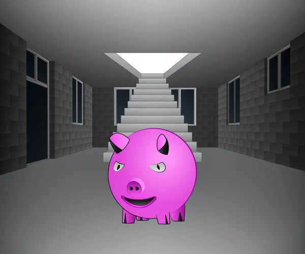ハウス インテリア階段ベクトルの前で豚と一緒 — ストックベクタ