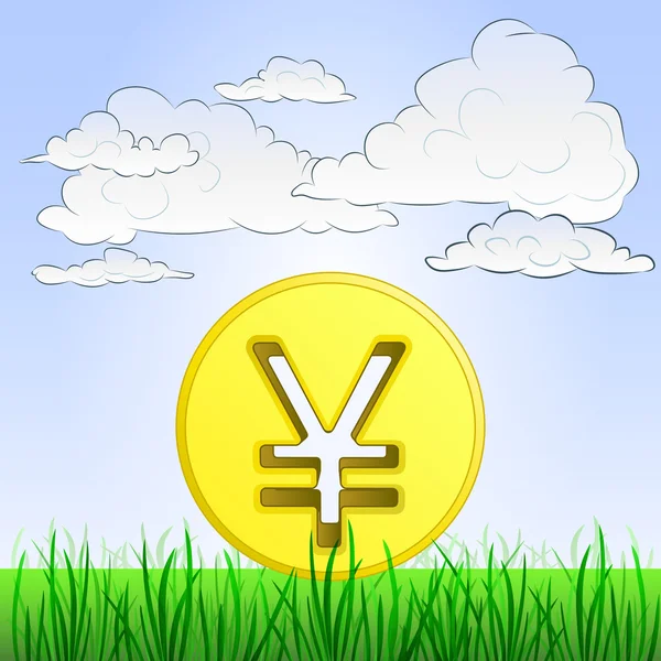 Paisaje herboso con moneda de yen o yuan y vector del cielo — Vector de stock