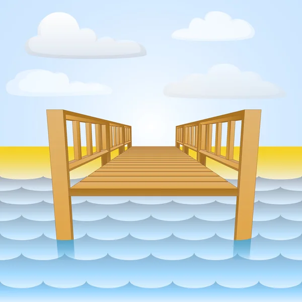 Cais de madeira sobre a água com vetor de praia e céu — Vetor de Stock