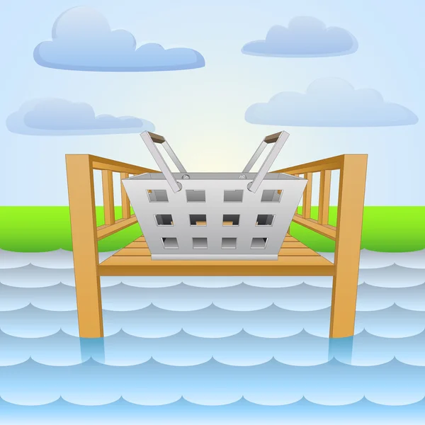 Muelle del río con cesta de picnic vector relajante — Vector de stock