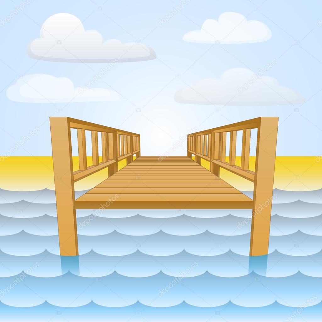 wooden pier over the water with beach and sky vector