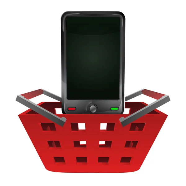 Red basket shopping with smart phone vector — Stock Vector