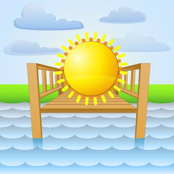 Muelle del río con sol de verano relajante vector — Vector de stock